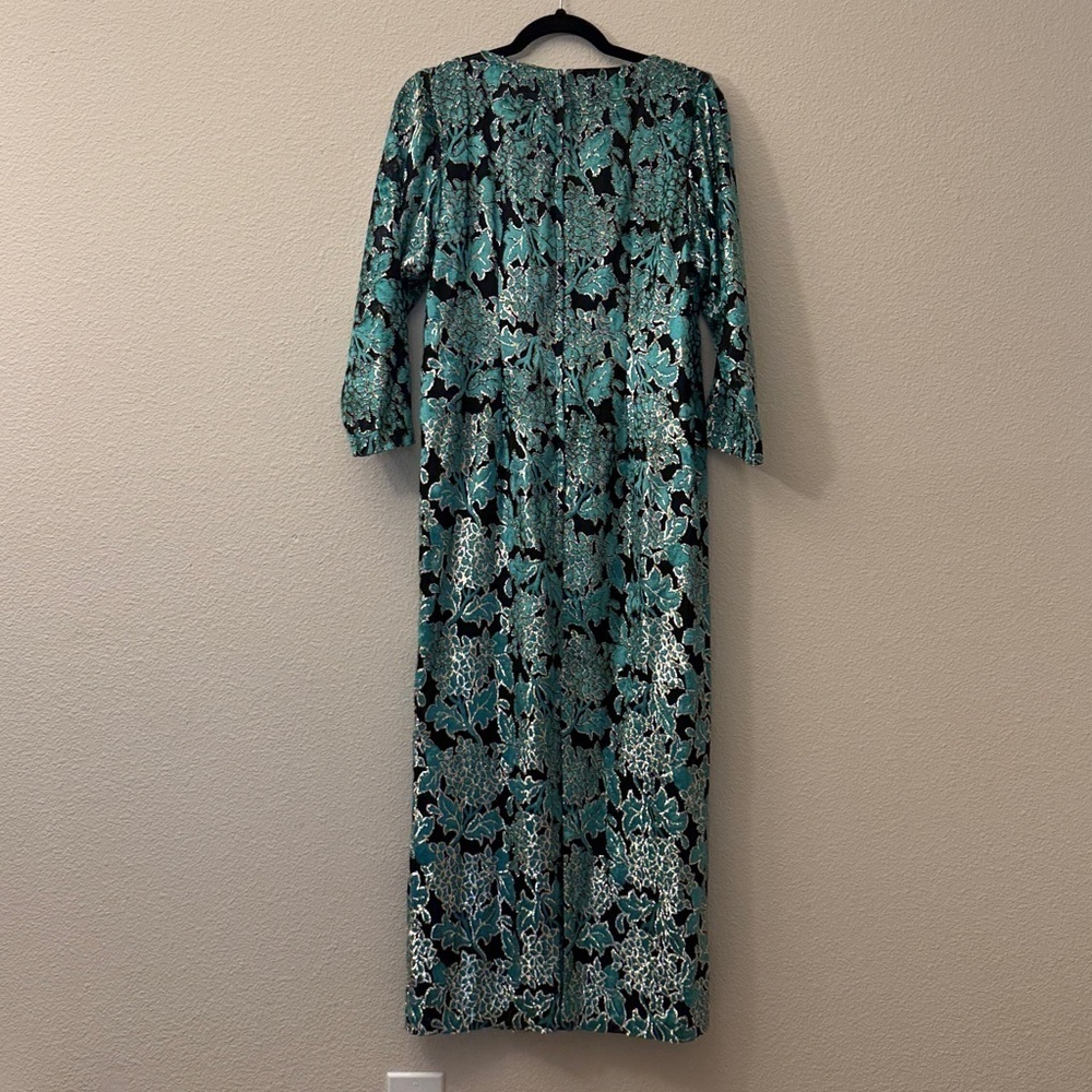 Neiman Marcus green and Black Floral burnout, Long Sleeve metallic Dress - Picture 7 of 10